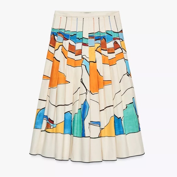 ZARA ZW Collection Printed Pleated Skirt Colorful Abstract Painting Midi - Picture 1 of 15